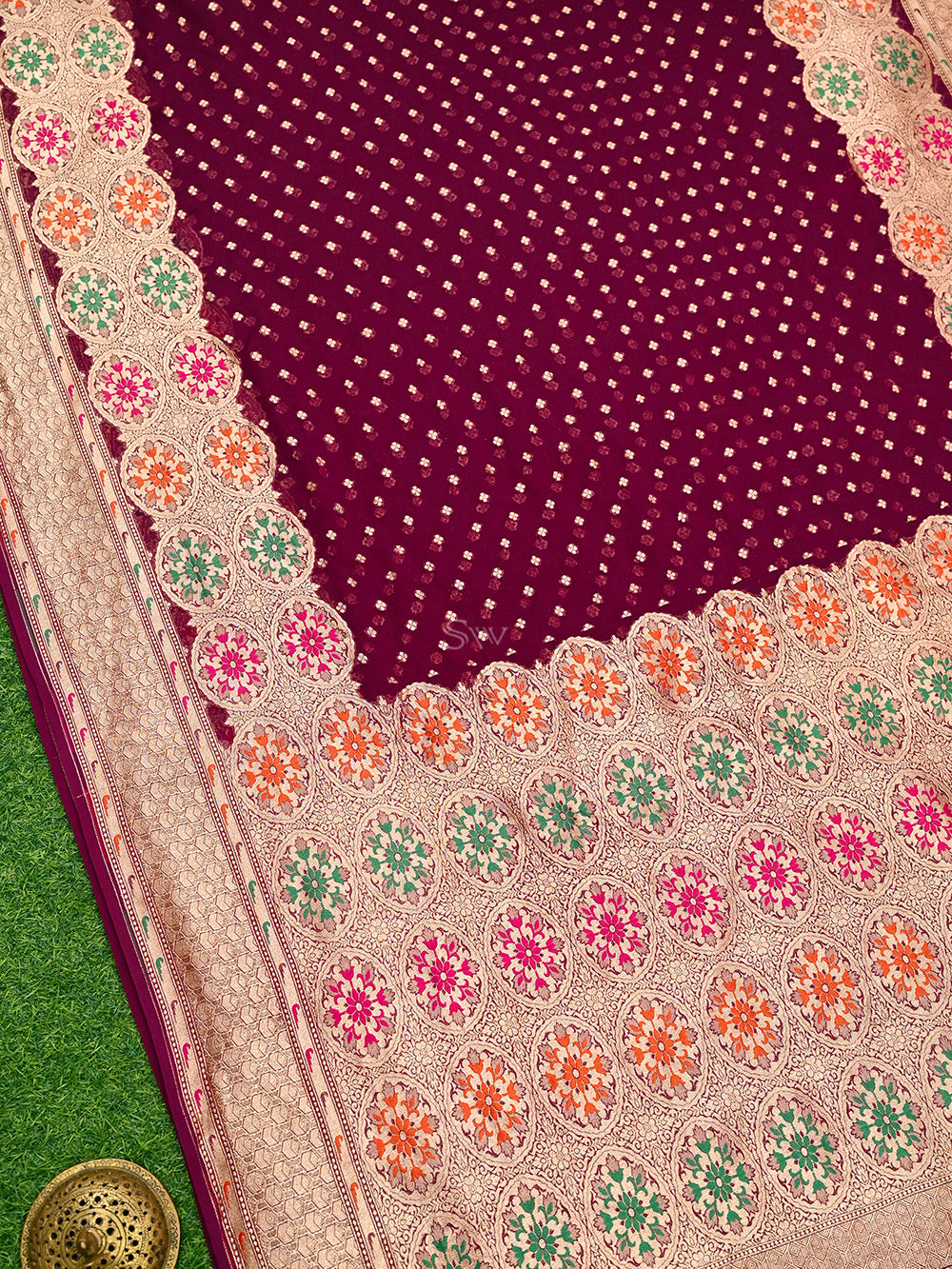 Wine Booti Khaddi Georgette Handloom Banarasi Saree - Sacred Weaves