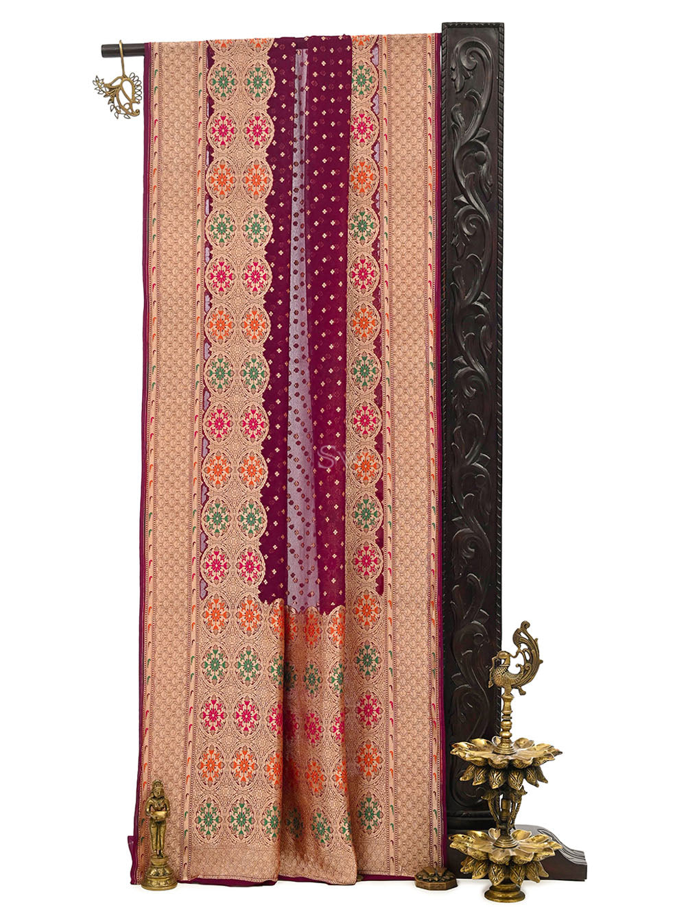 Wine Booti Khaddi Georgette Handloom Banarasi Saree - Sacred Weaves