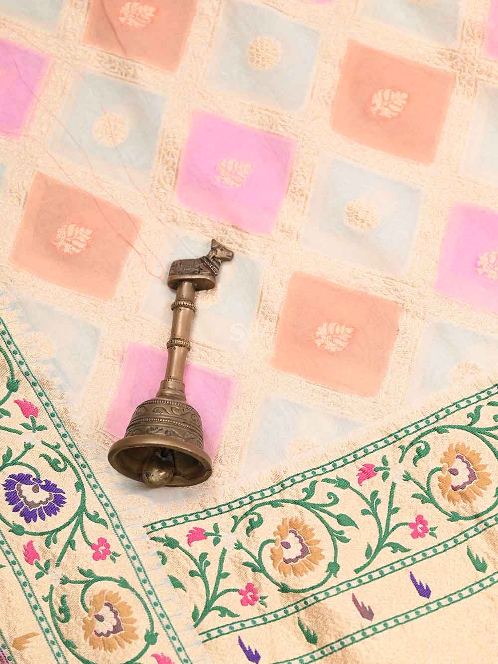 White Pink Paithani Rangkat Khaddi Georgette Handloom Banarasi Saree - Sacred Weaves