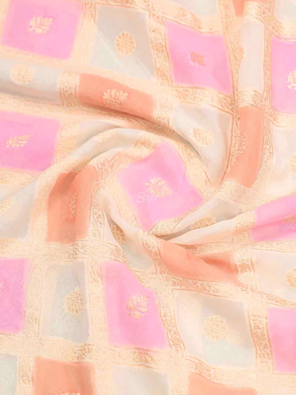 White Pink Paithani Rangkat Khaddi Georgette Handloom Banarasi Saree - Sacred Weaves