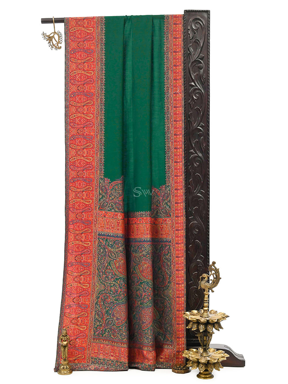 Bottle Green Pashmina Moonga Silk Handloom Banarasi Saree - Sacred Weaves
