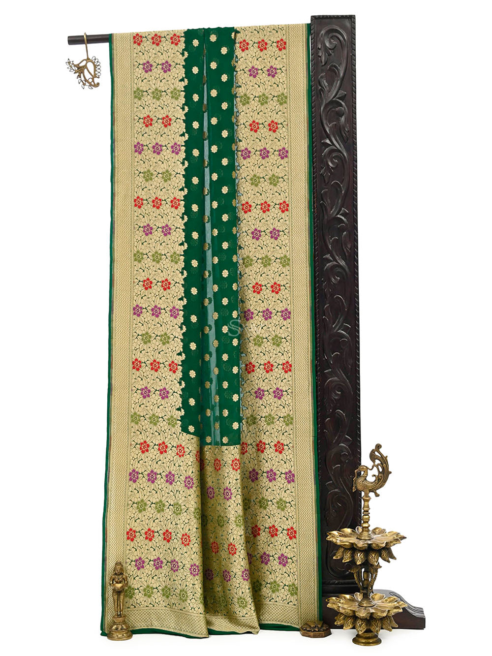 Green Booti Khaddi Georgette Handloom Banarasi Saree - Sacred Weaves