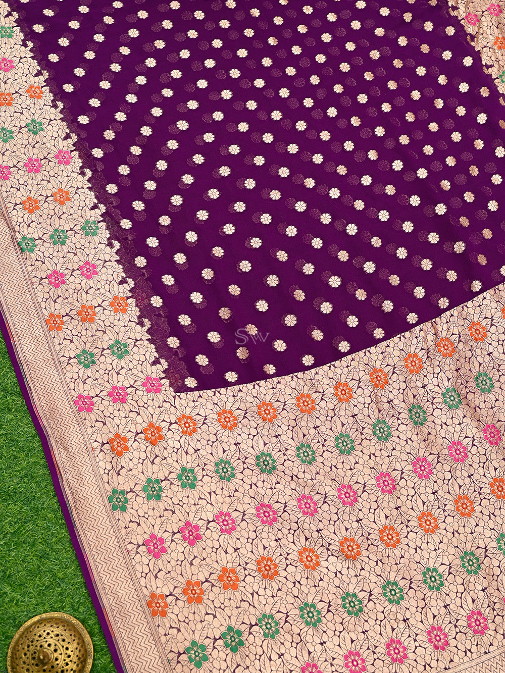 Dark Purple Booti Khaddi Georgette Handloom Banarasi Saree - Sacred Weaves