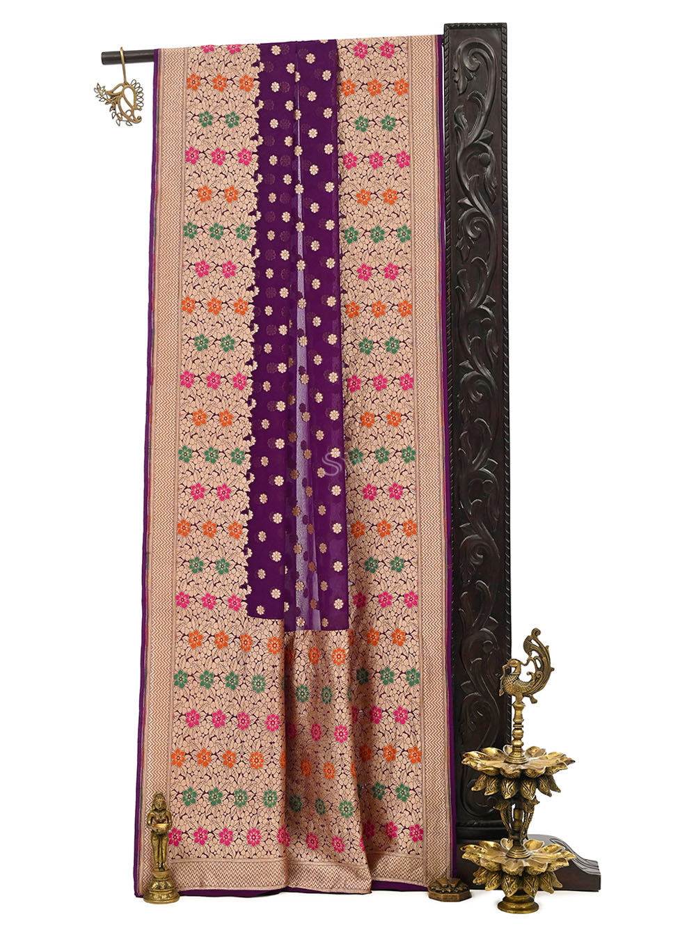 Dark Purple Booti Khaddi Georgette Handloom Banarasi Saree - Sacred Weaves