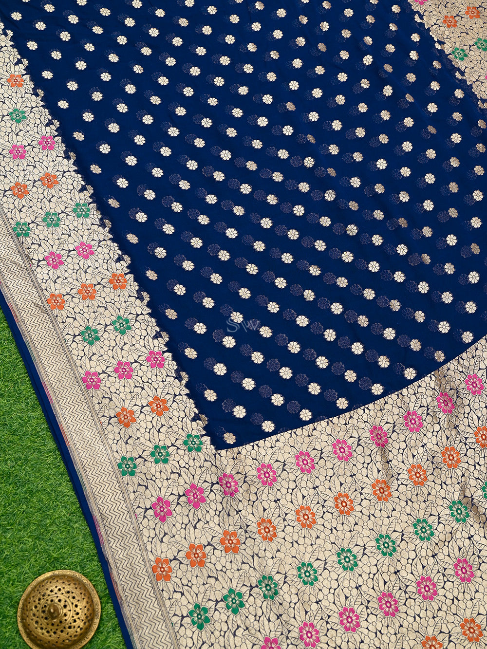 Navy Blue Booti Khaddi Georgette Handloom Banarasi Saree - Sacred Weaves