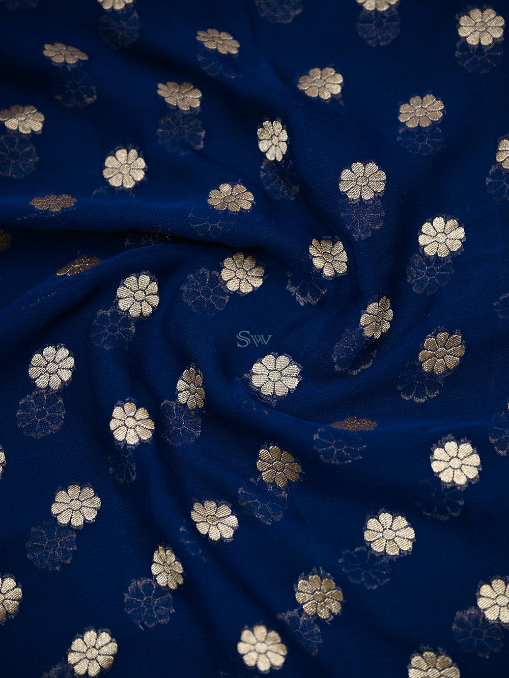 Navy Blue Booti Khaddi Georgette Handloom Banarasi Saree - Sacred Weaves