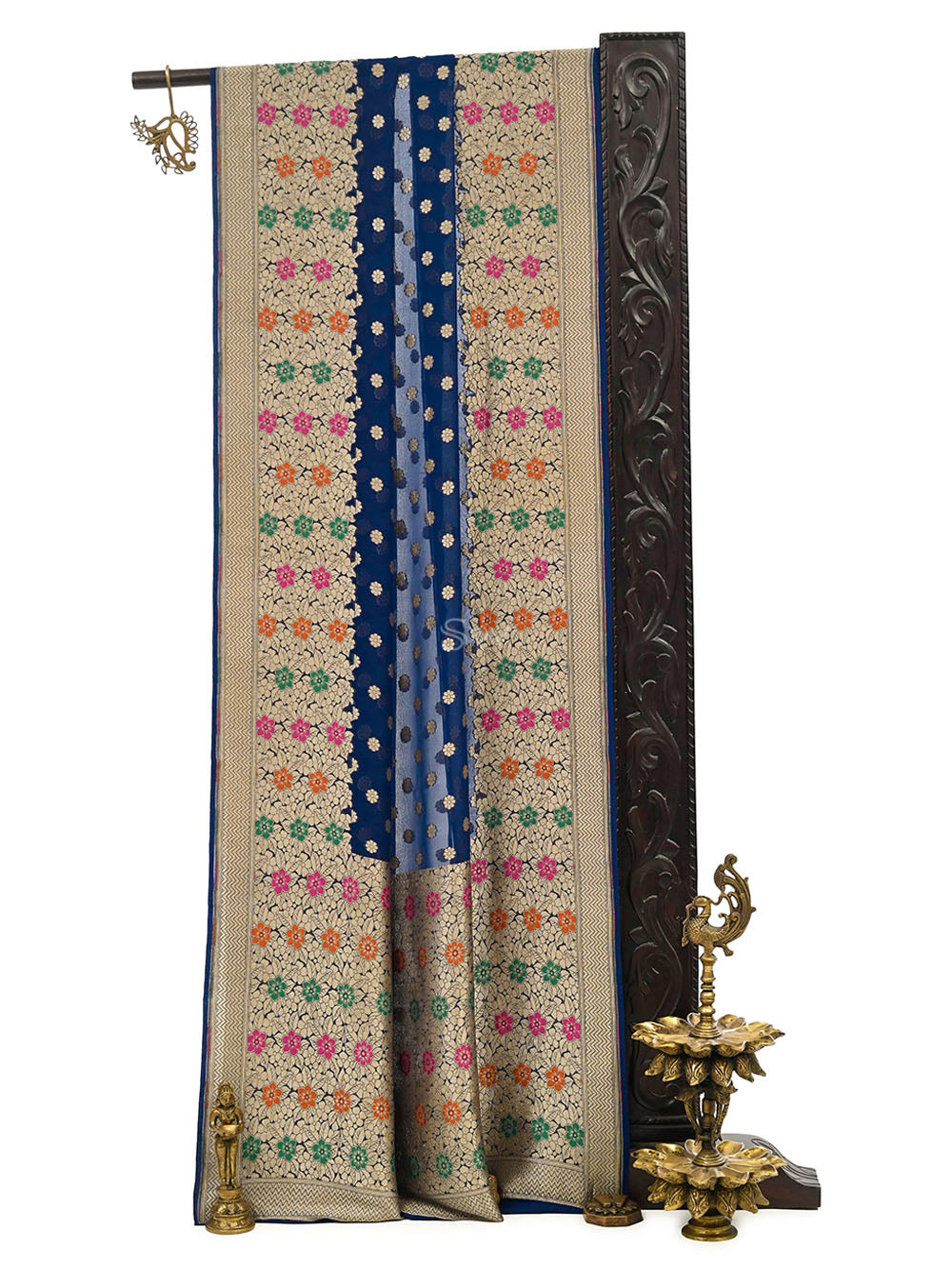 Navy Blue Booti Khaddi Georgette Handloom Banarasi Saree - Sacred Weaves