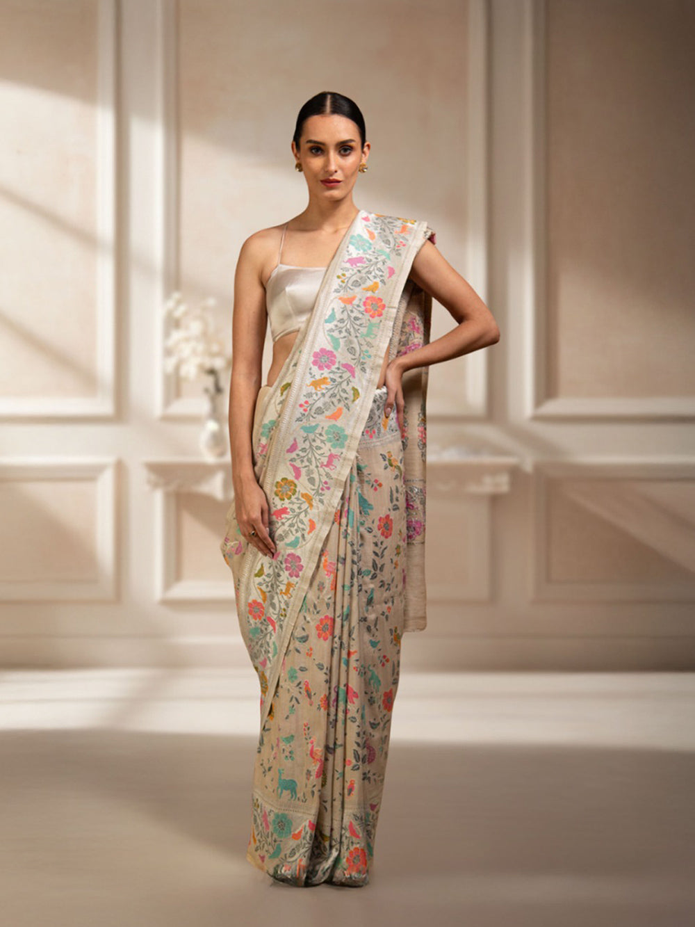 Off White Tussar Georgette Handloom Banarasi Saree - Sacred Weaves