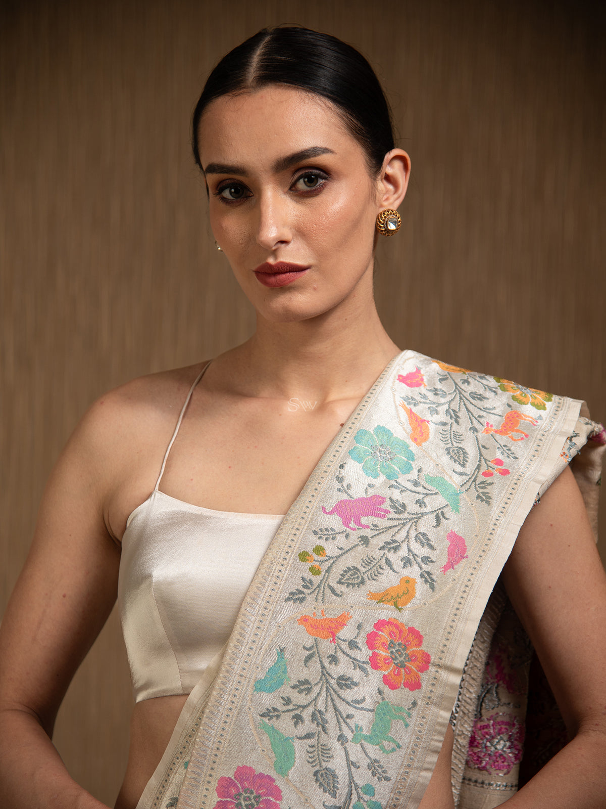 Off White Tussar Georgette Handloom Banarasi Saree