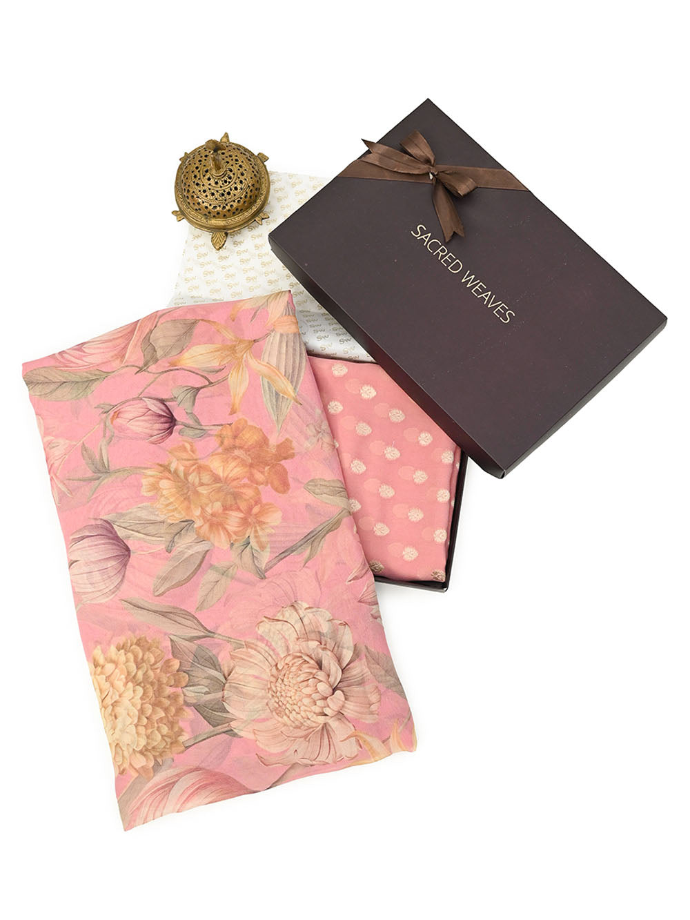 Peach Booti Khaddi Georgette Handloom Banarasi Suit - Gift Box - Sacred Weaves