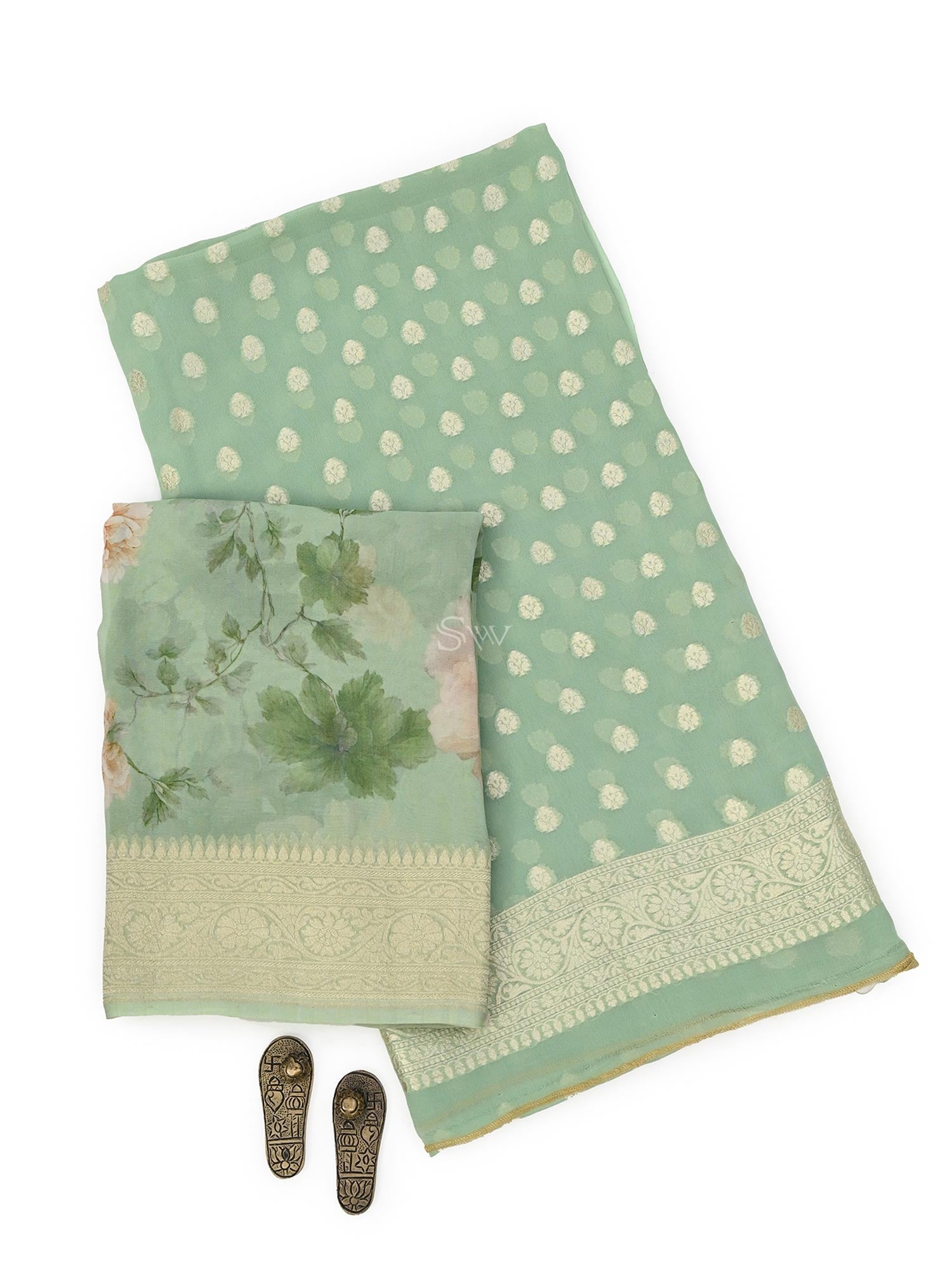 Pista Green Booti Khaddi Georgette Handloom Banarasi Suit - Sacred Weaves