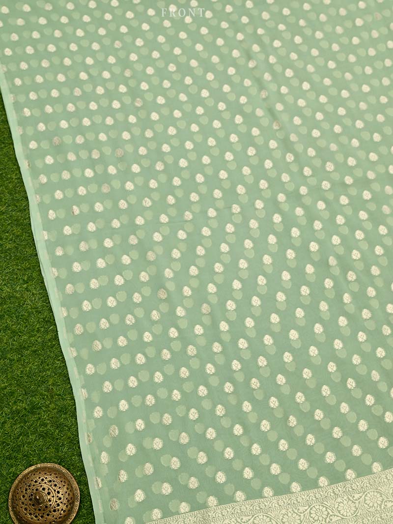 Pista Green Booti Khaddi Georgette Handloom Banarasi Suit - Sacred Weaves