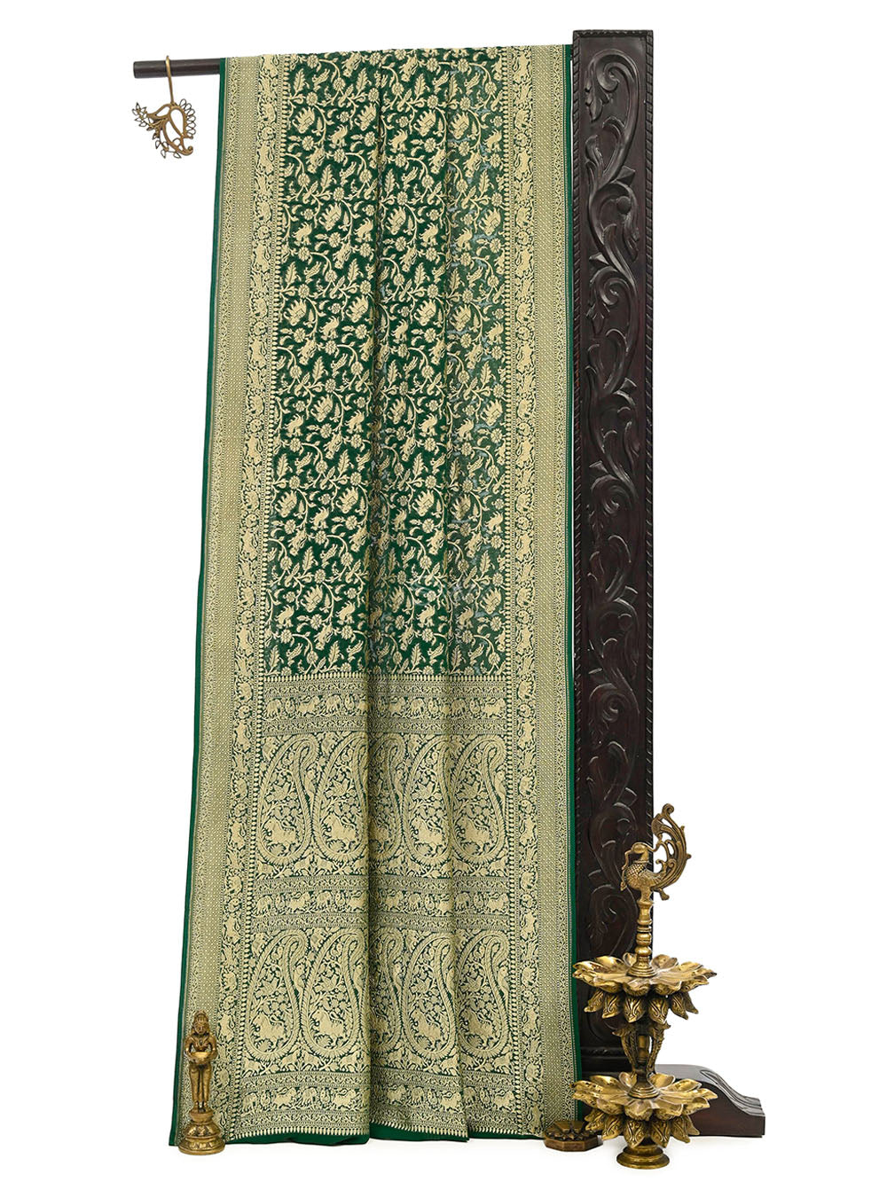 Bottle Green Shikargah Khaddi Georgette Handloom Banarasi Saree - Sacred Weaves
