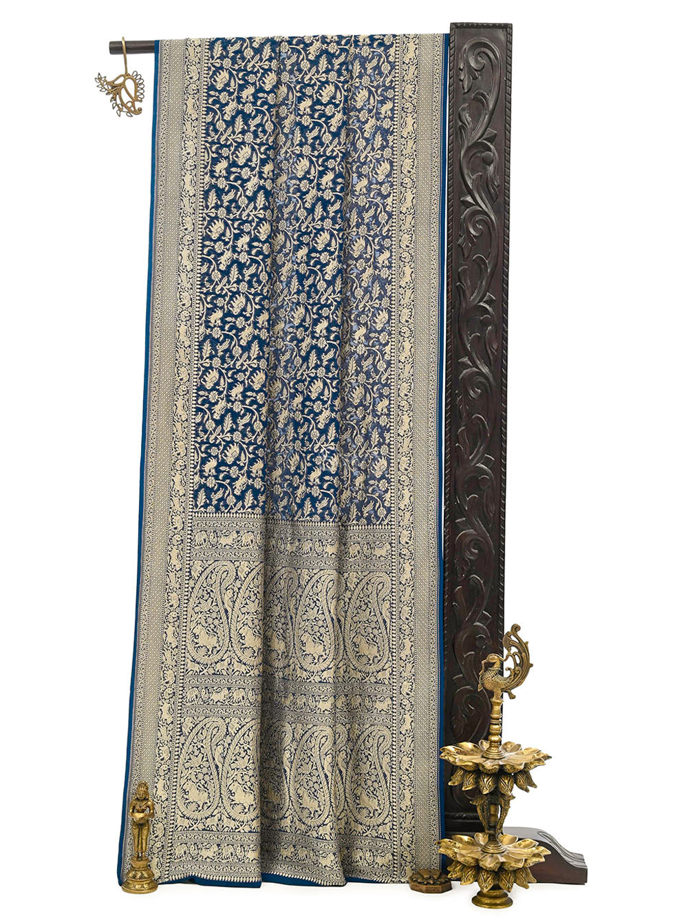 Midnight Blue Shikargah Khaddi Georgette Handloom Banarasi Saree - Sacred Weaves
