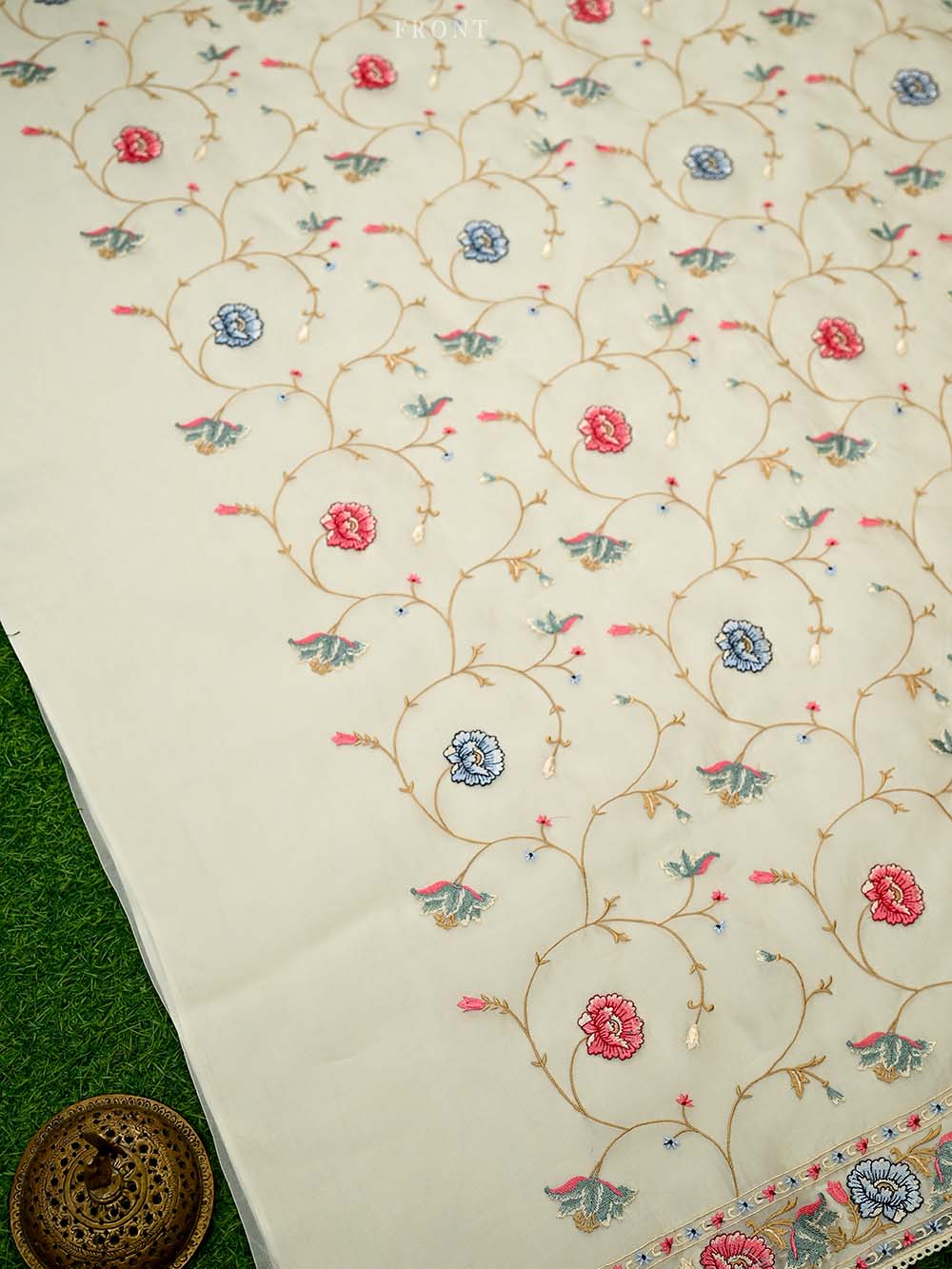 Off White Embroidered Organza Handloom Banarasi Suit - Sacred Weaves