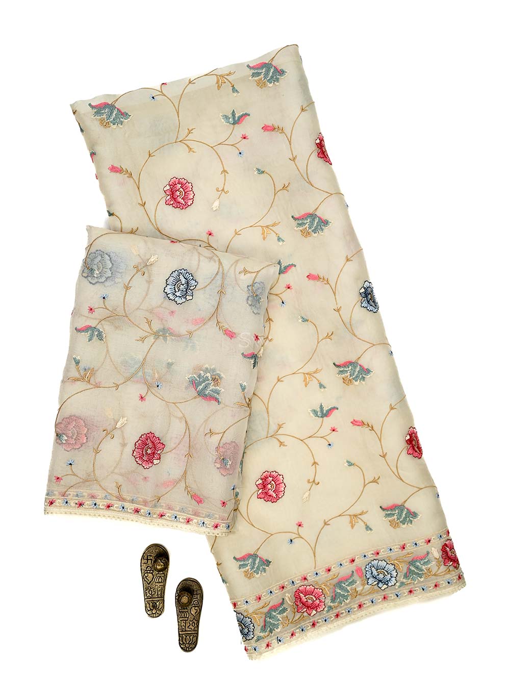 Off White Embroidered Organza Handloom Banarasi Suit - Sacred Weaves