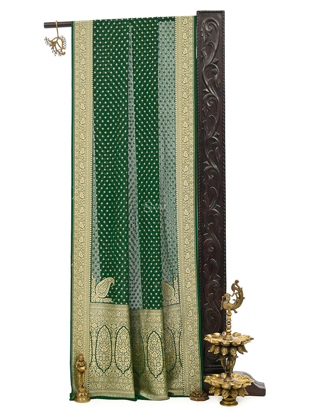 Bottle Green Konia Khaddi Georgette Handloom Banarasi Saree - Sacred Weaves