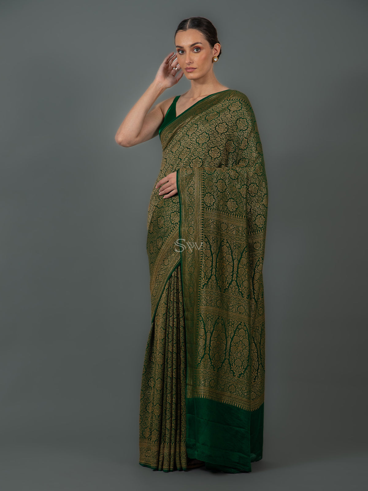 Bottle Green Jaal Crepe Silk Handloom Banarasi Saree - Sacred Weaves