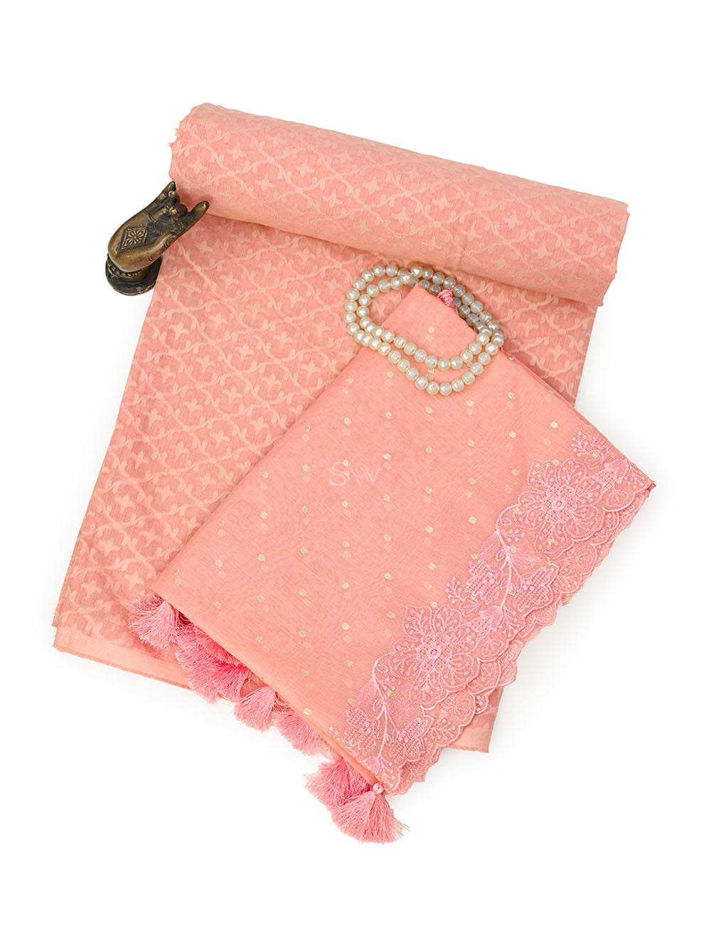 Peach Jaal Cotton Silk Handloom Banarasi Suit - Sacred Weaves