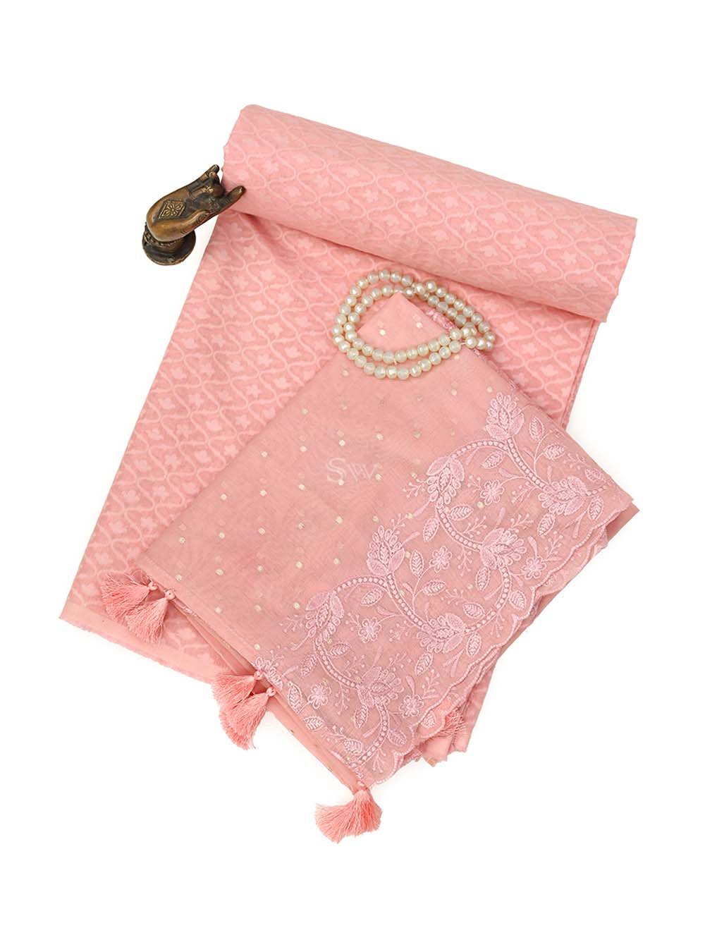 Pastel Pink Jaal Cotton Silk Handloom Banarasi Suit - Sacred Weaves