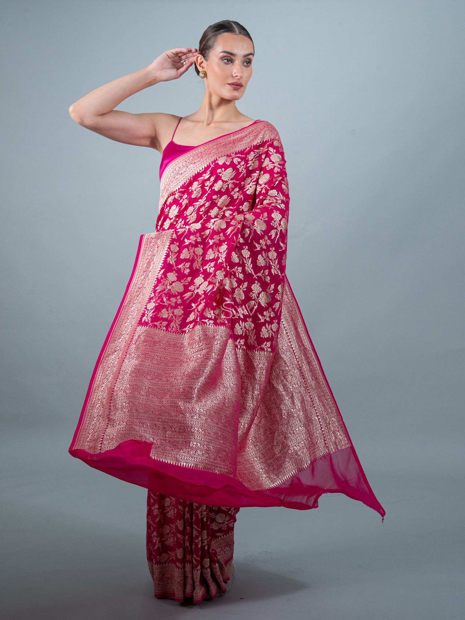 Magenta Jaal Khaddi Georgette Handloom Banarasi Saree - Sacred Weaves