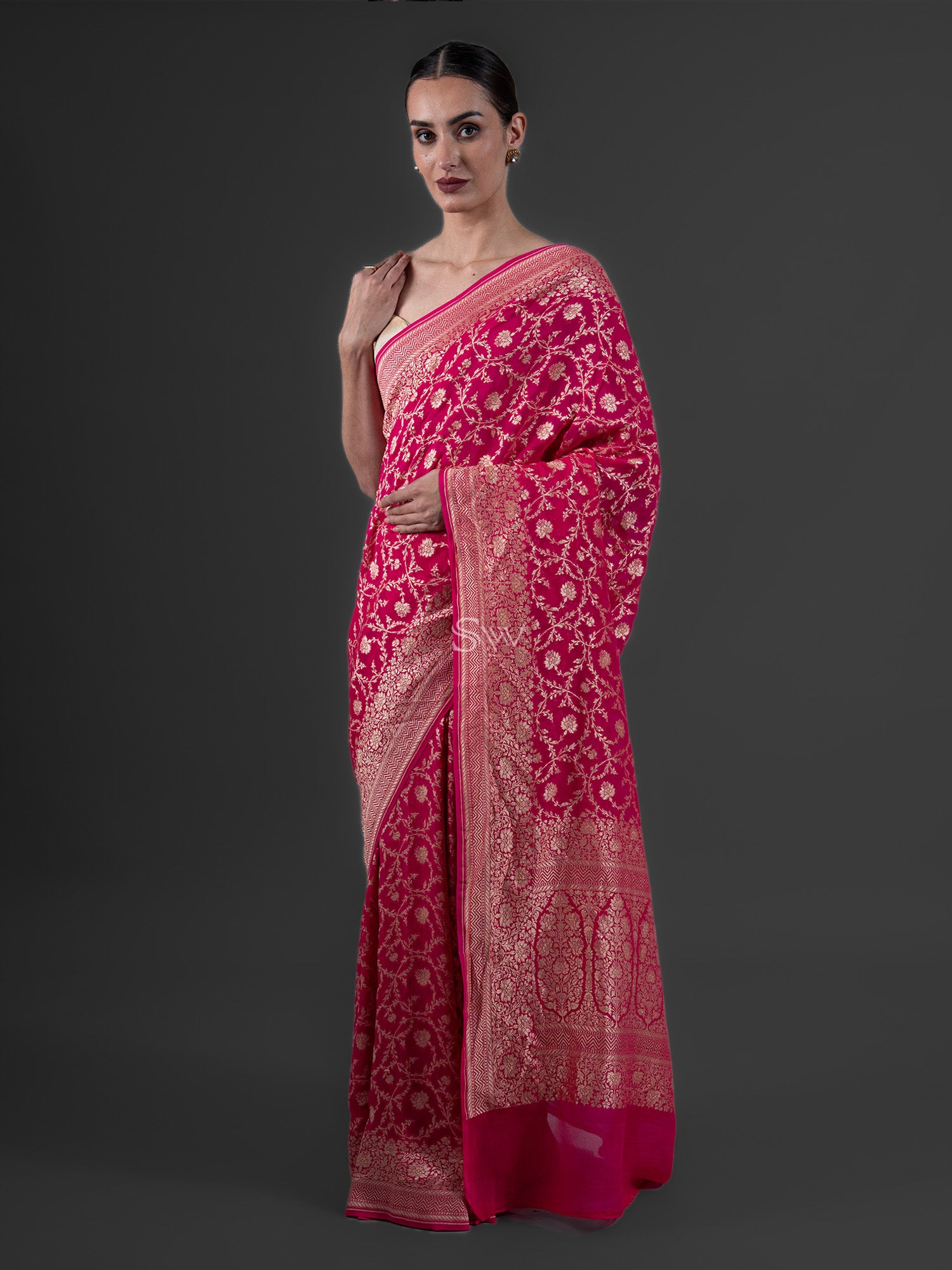 Magenta Jaal Khaddi Georgette Handloom Banarasi Saree - Sacred Weaves
