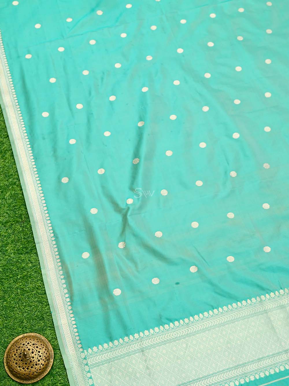 Sky Blue Booti Katan Silk Handloom Banarasi Dupatta - Sacred Weaves