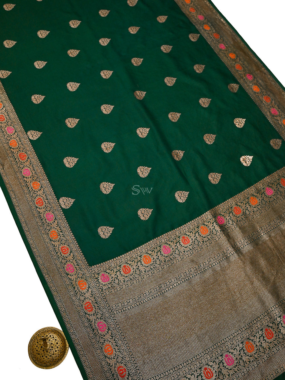 Bottle Green Booti Silk Handloom Banarasi Saree - Sacred Weaves