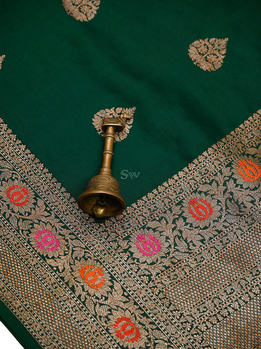Bottle Green Booti Silk Handloom Banarasi Saree - Sacred Weaves