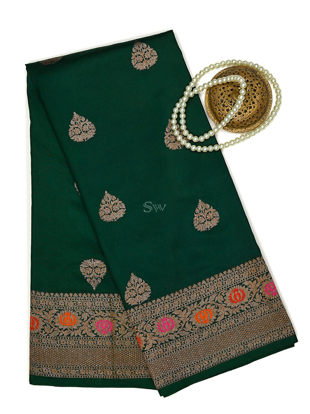 Bottle Green Booti Silk Handloom Banarasi Saree - Sacred Weaves