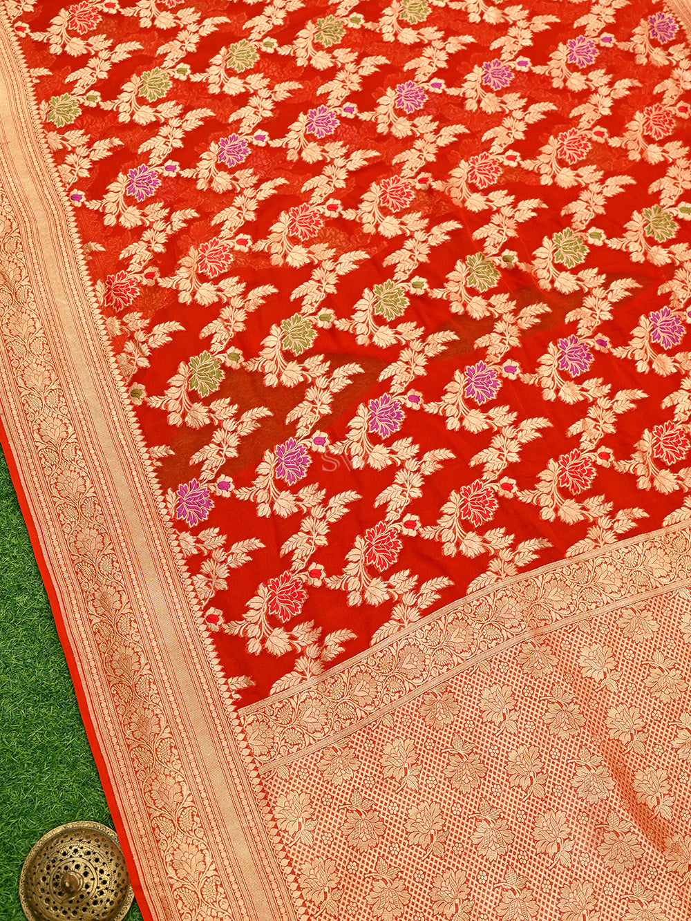 Dark Orange Meenakari Jaal Khaddi Georgette Handloom Banarasi Saree - Sacred Weaves