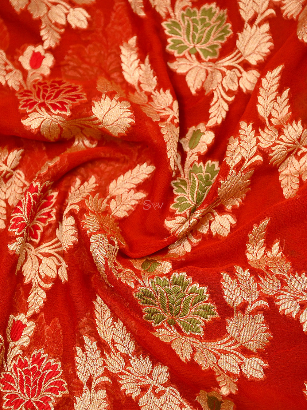 Dark Orange Meenakari Jaal Khaddi Georgette Handloom Banarasi Saree - Sacred Weaves