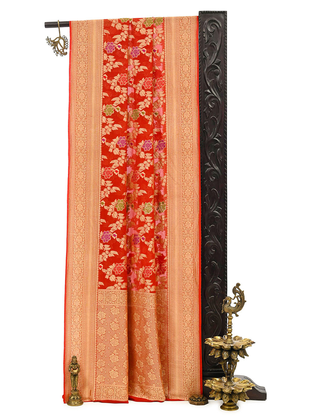Dark Orange Meenakari Jaal Khaddi Georgette Handloom Banarasi Saree - Sacred Weaves