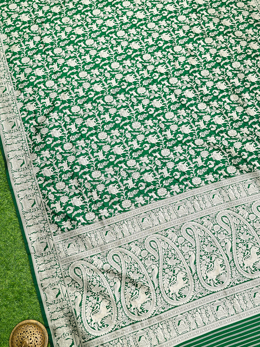 Bottle Green Shikargah Jaal Katan Silk Handloom Banarasi Dupatta - Sacred Weaves