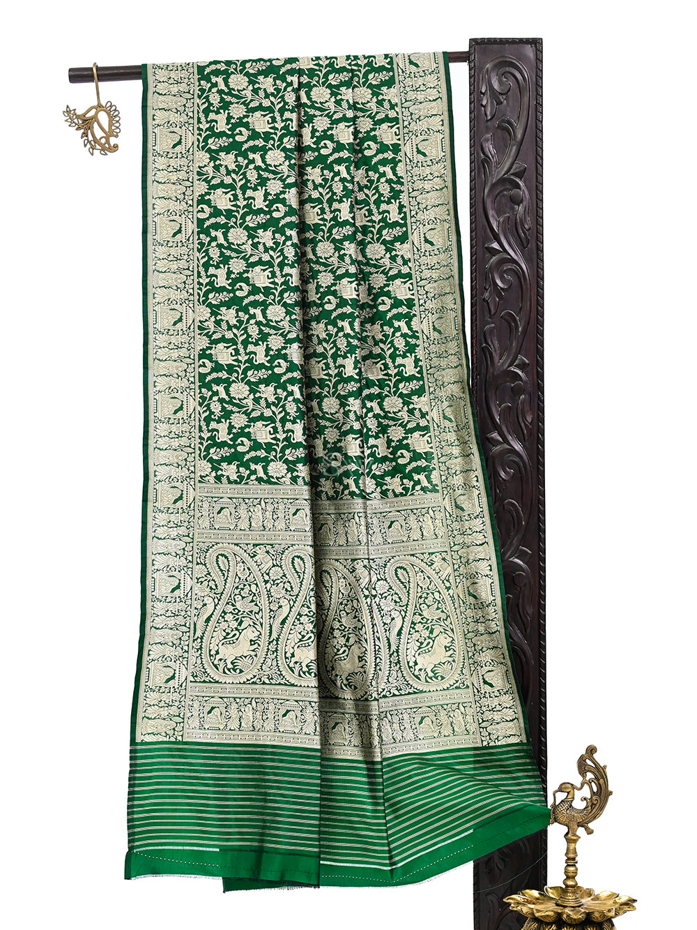 Bottle Green Shikargah Jaal Katan Silk Handloom Banarasi Dupatta - Sacred Weaves