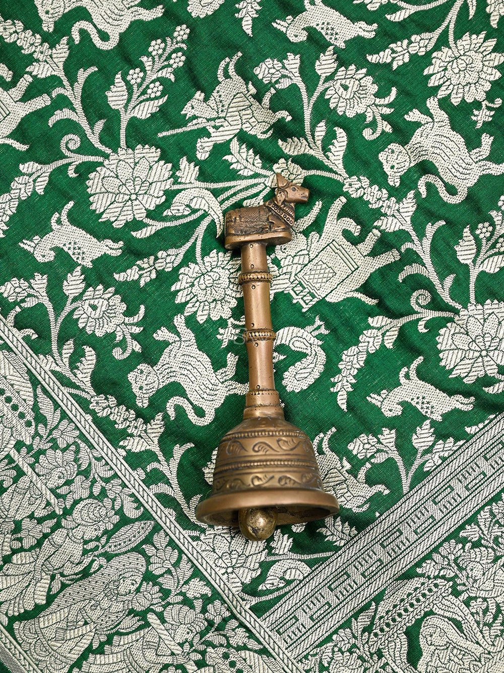 Bottle Green Shikargah Jaal Katan Silk Handloom Banarasi Dupatta - Sacred Weaves