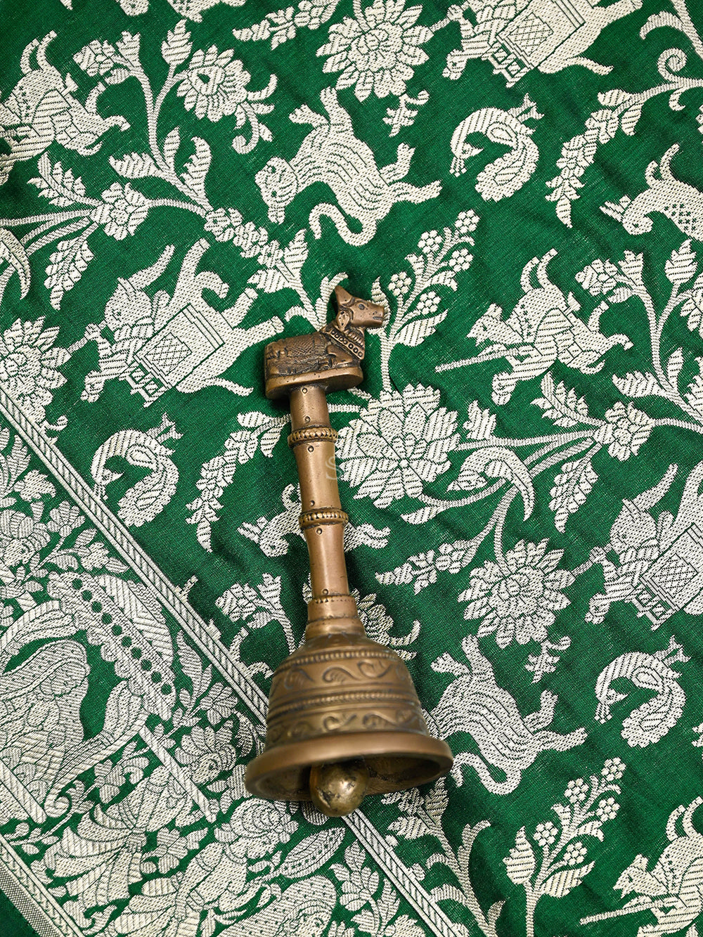 Bottle Green Shikargah Jaal Katan Silk Handloom Banarasi Dupatta - Sacred Weaves