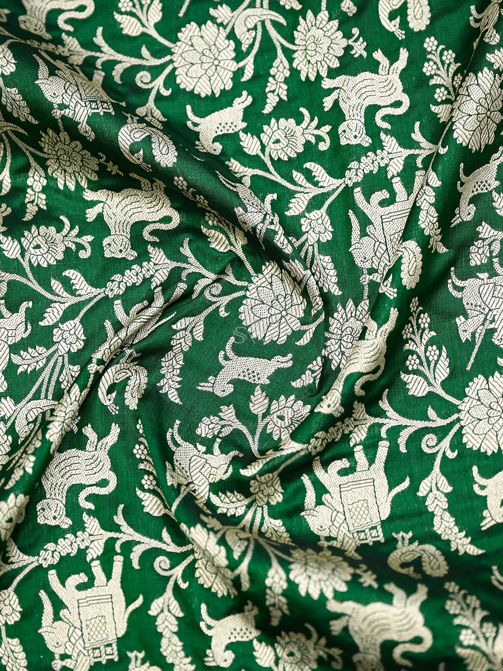 Bottle Green Shikargah Jaal Katan Silk Handloom Banarasi Dupatta - Sacred Weaves