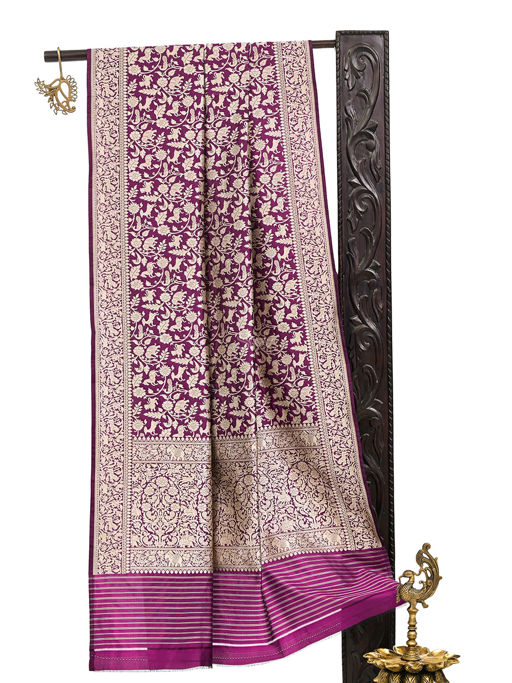 Wine Shikargah Jaal Katan Silk Handloom Banarasi Dupatta - Sacred Weaves
