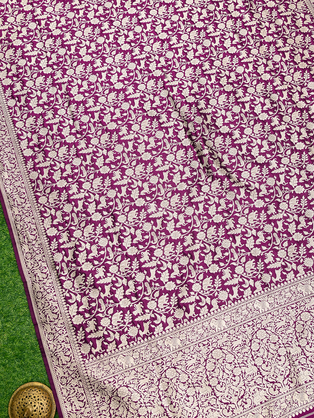 Wine Shikargah Jaal Katan Silk Handloom Banarasi Dupatta - Sacred Weaves