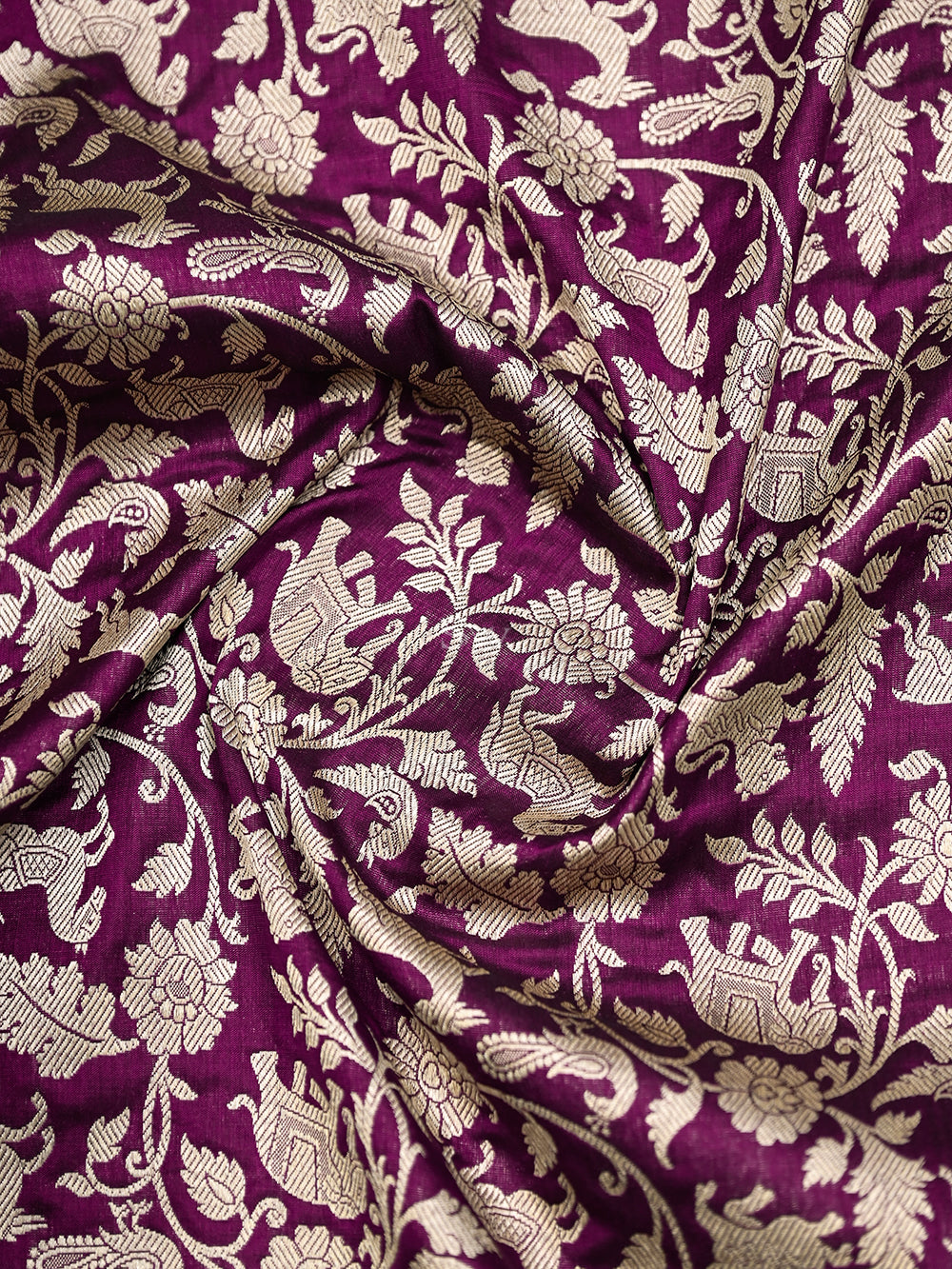 Wine Shikargah Jaal Katan Silk Handloom Banarasi Dupatta - Sacred Weaves