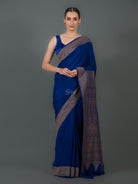 Dark Royal Blue Plain Crepe Silk Handloom Banarasi Saree - Sacred Weaves