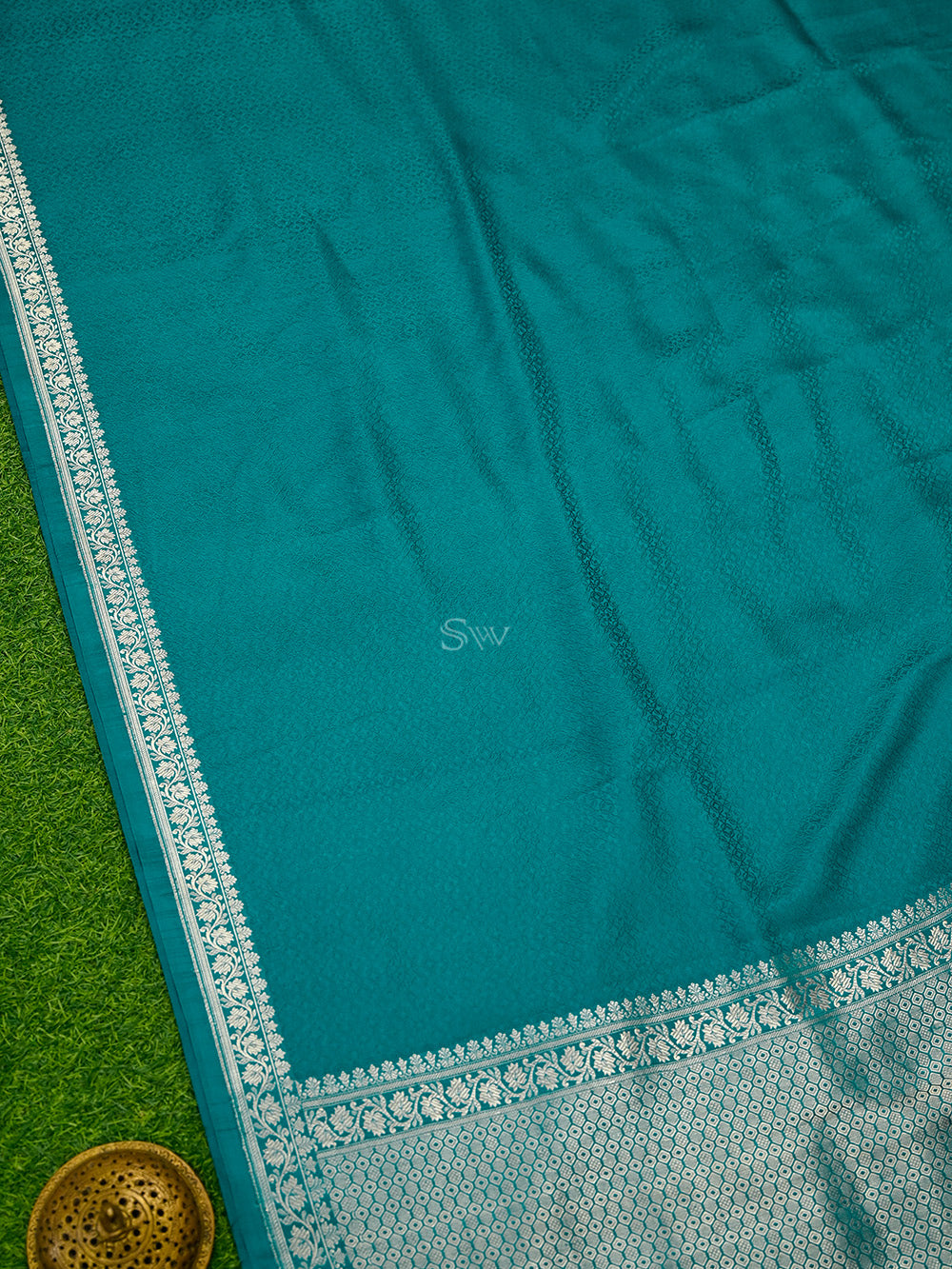 Teal Blue Satin Tanchoi Handloom Banarasi Saree - Sacred Weaves