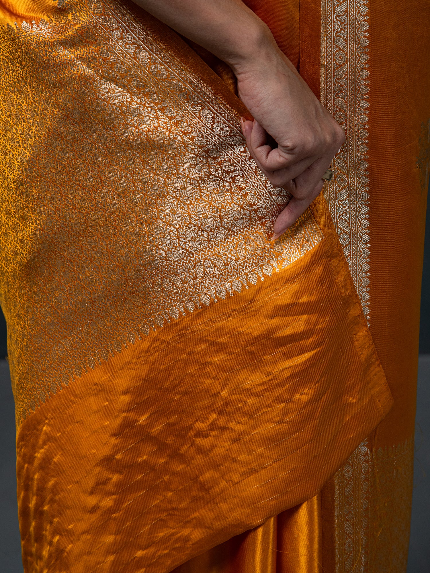 Mustard Boota Satin Silk Handloom Banarasi Saree - Sacred Weaves