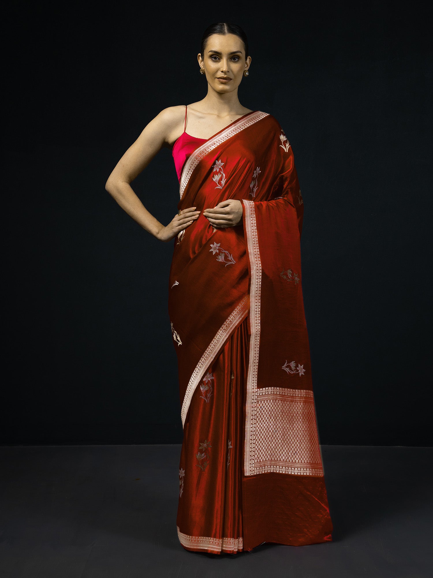 Dark Maroon Boota Satin Silk Handloom Banarasi Saree - Sacred Weaves