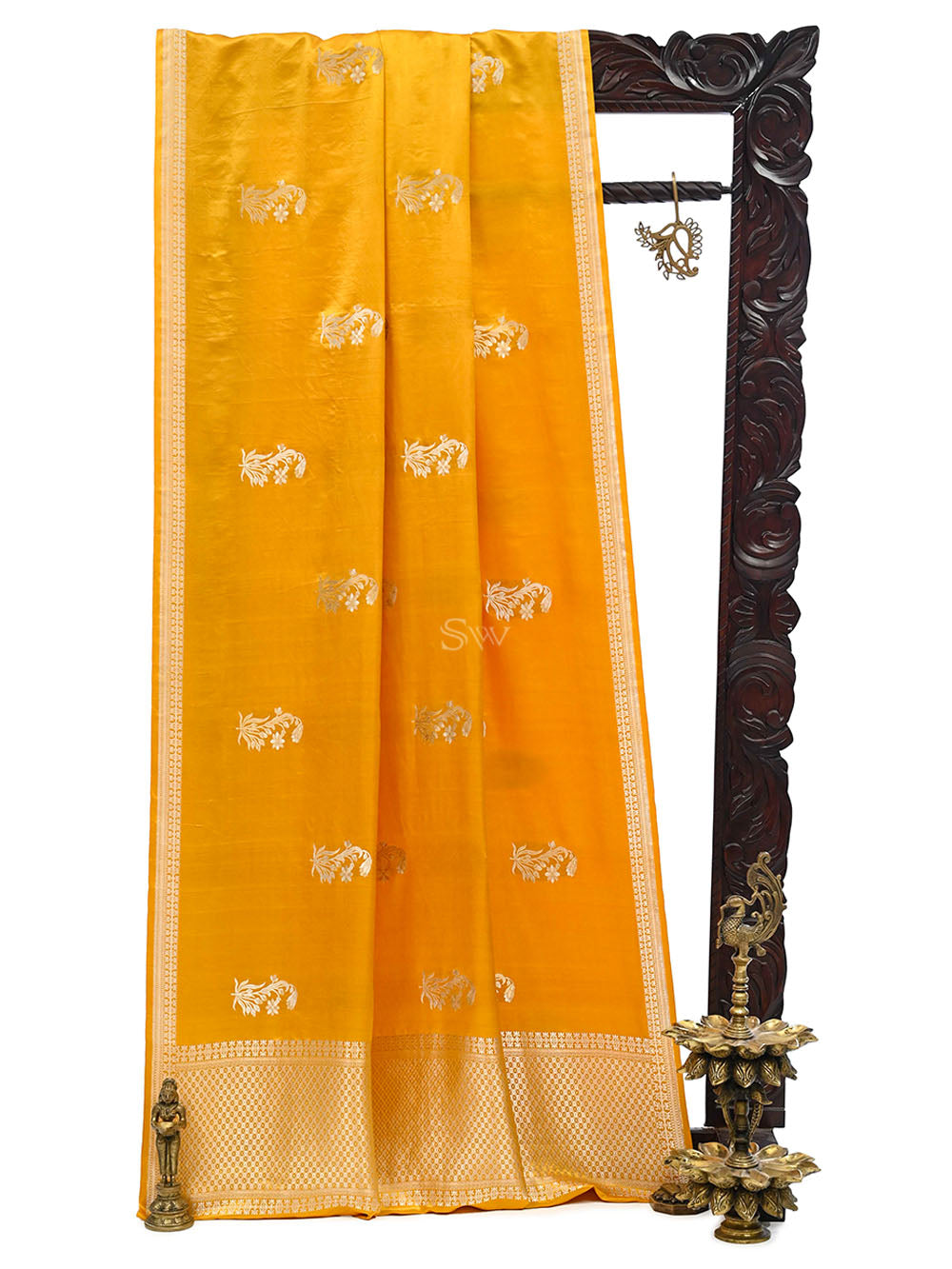 Mustard Boota Satin Silk Handloom Banarasi Saree - Sacred Weaves