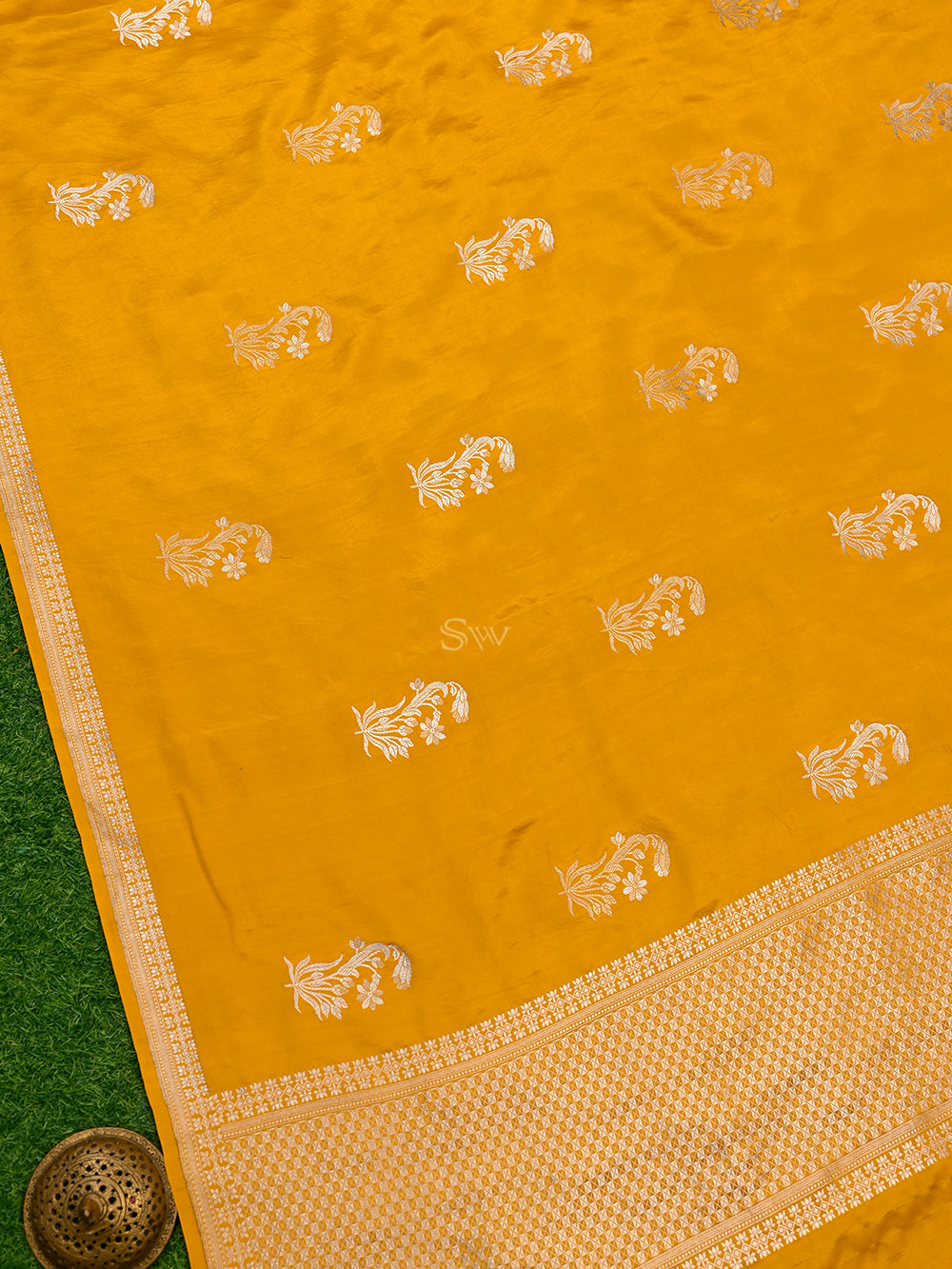 Mustard Boota Satin Silk Handloom Banarasi Saree - Sacred Weaves