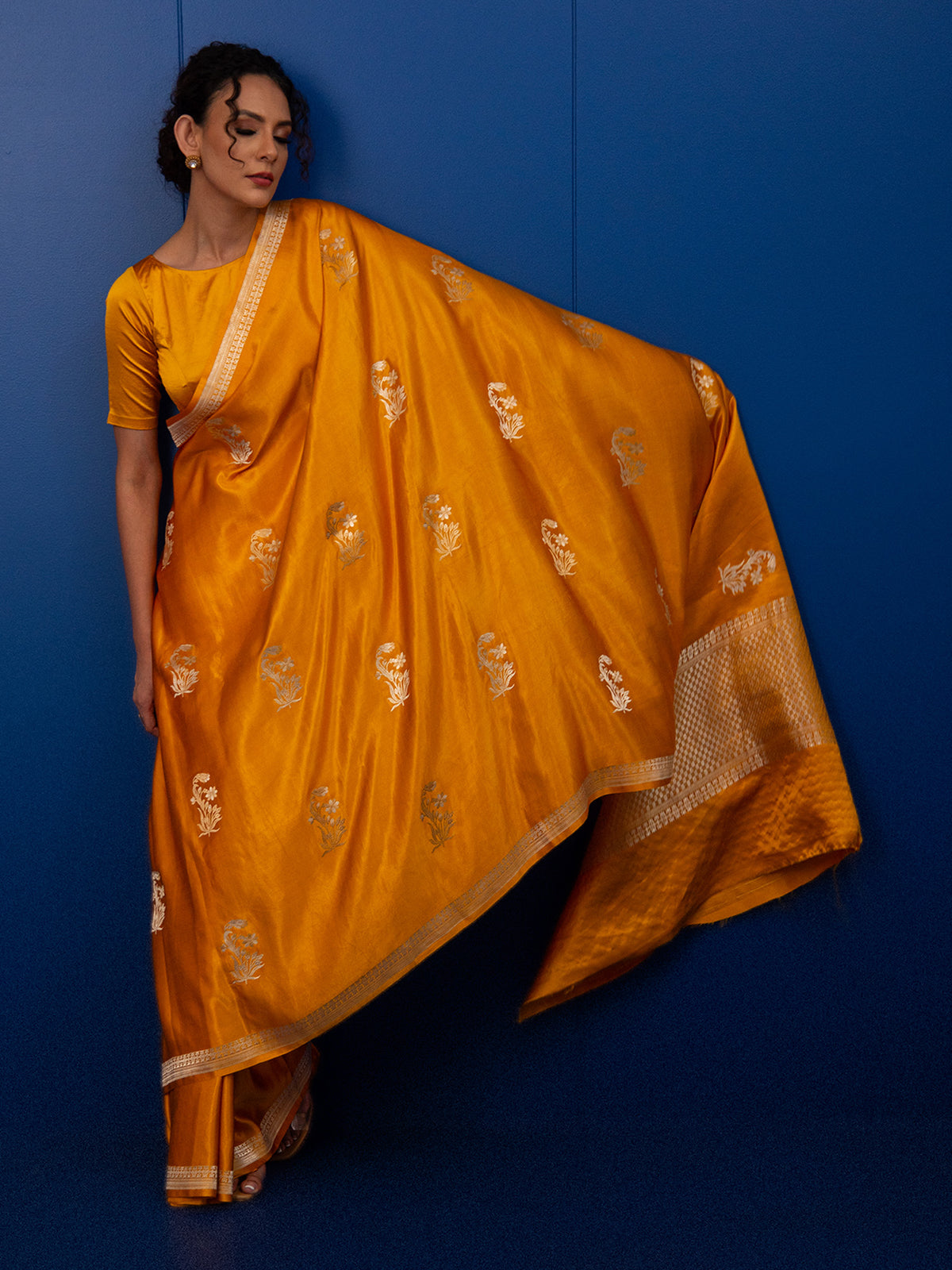 Mustard Boota Satin Silk Handloom Banarasi Saree - Sacred Weaves