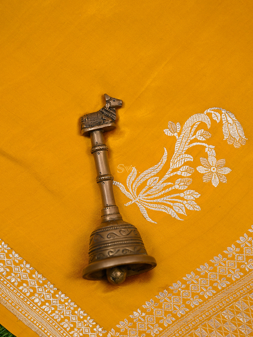 Mustard Boota Satin Silk Handloom Banarasi Saree - Sacred Weaves