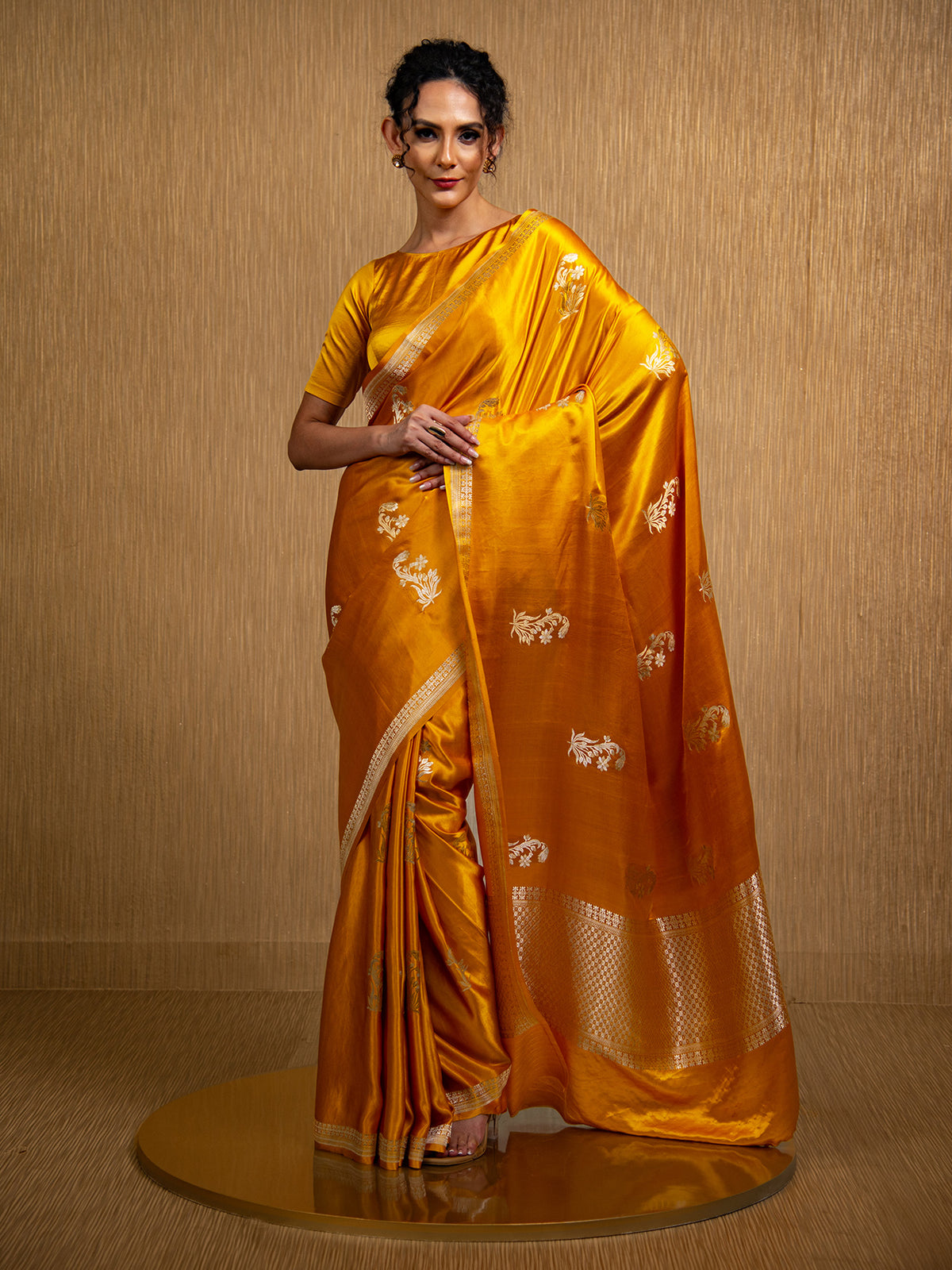 Mustard Boota Satin Silk Handloom Banarasi Saree - Sacred Weaves
